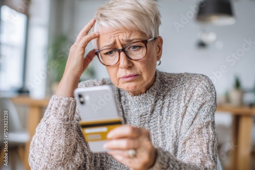 Worried elderly woman holding smartphone and credit card