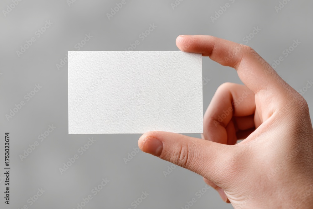 Obraz premium Hand holding blank business card on grey background