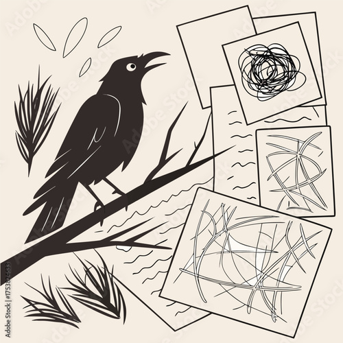 Crow perched on branch with scattered papers and scribbles