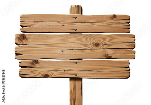Blank wooden signboard isolated on white background, rustic plank texture for message, advertisement, or direction display, vintage wood banner concept for outdoor signage and creative design