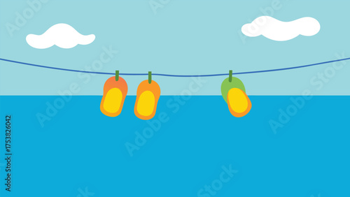 Vector art of three mangoes of different colors are hung on the clothesline with a blue sky and white clouds in the background