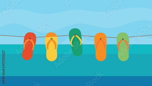 Vector art of five flipflops of different colors hang on the clothesline with a blue sky and sea in the background on a summer day