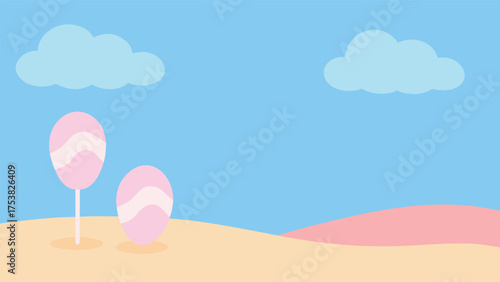 Vector art of two pink lollipops stand on a sandy hill under a blue sky with fluffy clouds, creating a sweet and whimsical landscape