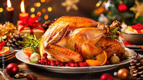 Christmas Dinner Turkey: The Iconic Centerpiece of Festive Holiday Meals – Showcasing Juicy, Herb-Roasted Perfection, Garnished with Cranberries, Rosemary, and Gravy, Ideal for Family Gatherings, Holi