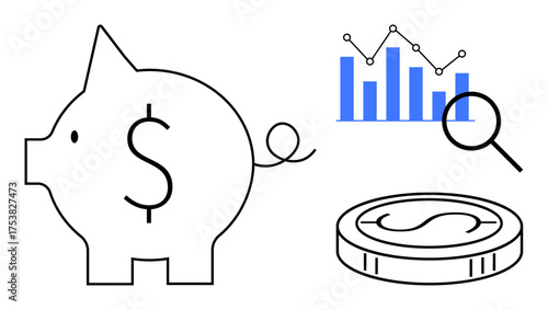 Piggy bank with dollar sign, coin, magnifying glass, and bar chart with line graph. Ideal for finance, saving, investment, analytics financial management planning and economy. Minimal flat