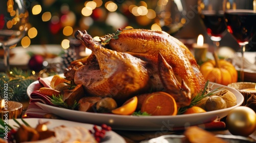 Christmas Dinner Turkey: The Iconic Centerpiece of Festive Holiday Meals – Showcasing Juicy, Herb-Roasted Perfection, Garnished with Cranberries, Rosemary, and Gravy, Ideal for Family Gatherings, Holi