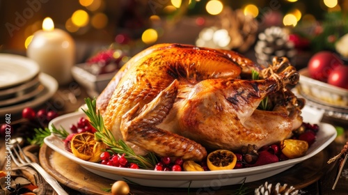 Christmas Dinner Turkey: The Iconic Centerpiece of Festive Holiday Meals – Showcasing Juicy, Herb-Roasted Perfection, Garnished with Cranberries, Rosemary, and Gravy, Ideal for Family Gatherings, Holi