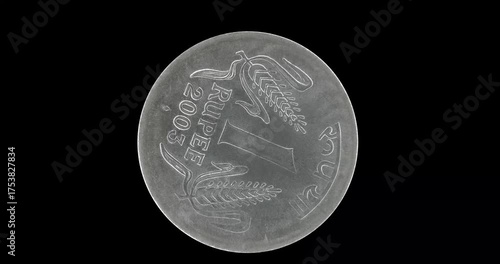 Reverse of India coin 1 rupee 2003, isolated in black background. Loopable animation in 4k resolution video