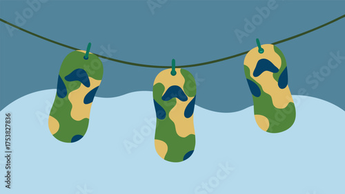 Vector art of camouflage flip flops hanging on a rope against a blue background, perfect for summer vacation or beach themed designs