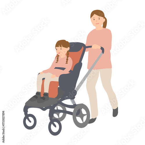 子ども用車椅子に乗る女の子と母親