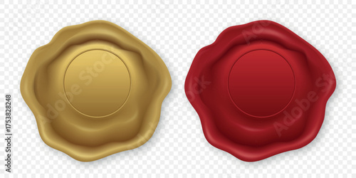 Vector 3d Realistic Wax Seal Icon Set. Red Wax Seal and Gold Wax Seal. Realistic Vintage Stamp for Certificate, Envelope, Letter, Branding, Logo, Document Closure, Invitation, Wedding, Isolated