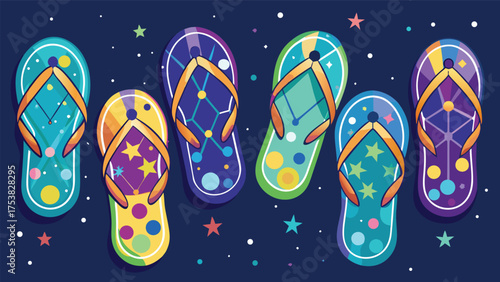 Vector art of a vibrant collection of colorful flipflops with star and constellation patterns, perfect for summer fun and beach vibes