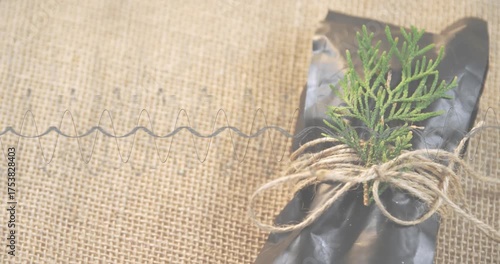 Thin coil spring appearing at left edge extending sideways across burlap highlighting wrapped gift