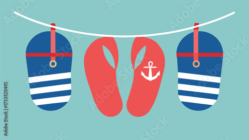Vector art of a festive summer garland featuring flipflops hanging on a line, perfect for a beach party or vacation theme