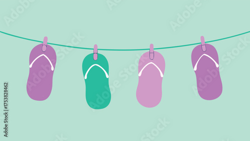 Vector art of colorful flip flops hanging on a clothesline against a light green background, summer vibes and beach fashion concept