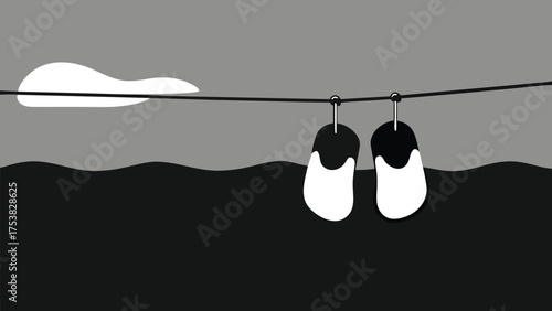 Vector art of black and white booties hanging on a clothesline with a cloud in the sky, perfect for baby shower and newborn