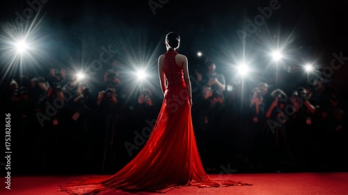 Elegant woman in red gown poses for photographers at a glamorous event under bright lights