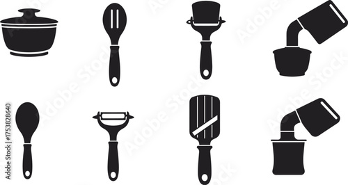Black silhouette vector illustration of kitchen utensils including pot, spoon, peeler, slicer, ladle, grater, cooking tools, isolated white background