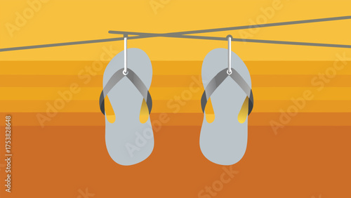 Vector art of a pair of flip flops hanging on a clothesline against a gradient sunset background, creating a relaxed summer vibe