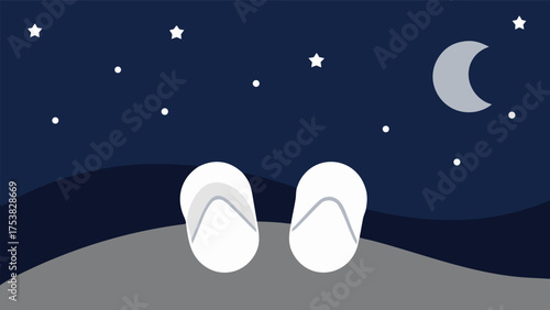 Vector art of flip flops on a sandy beach under a starry night sky with a crescent moon, evoking a sense of relaxation and tranquility