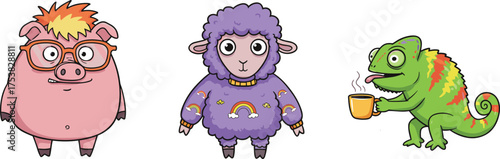Cartoon pig with spiky hair, rainbow sheep in sweater, chameleon with coffee mug, whimsical animal trio, colorful children’s illustration