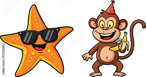Photography Cartoon starfish with sunglasses, monkey holding banana, party hat, cute animal