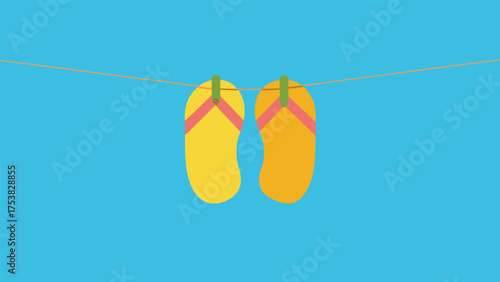 Vector art of two yellow flipflops hang on a clothesline against a blue background, evoking a sense of summer vacation and relaxation