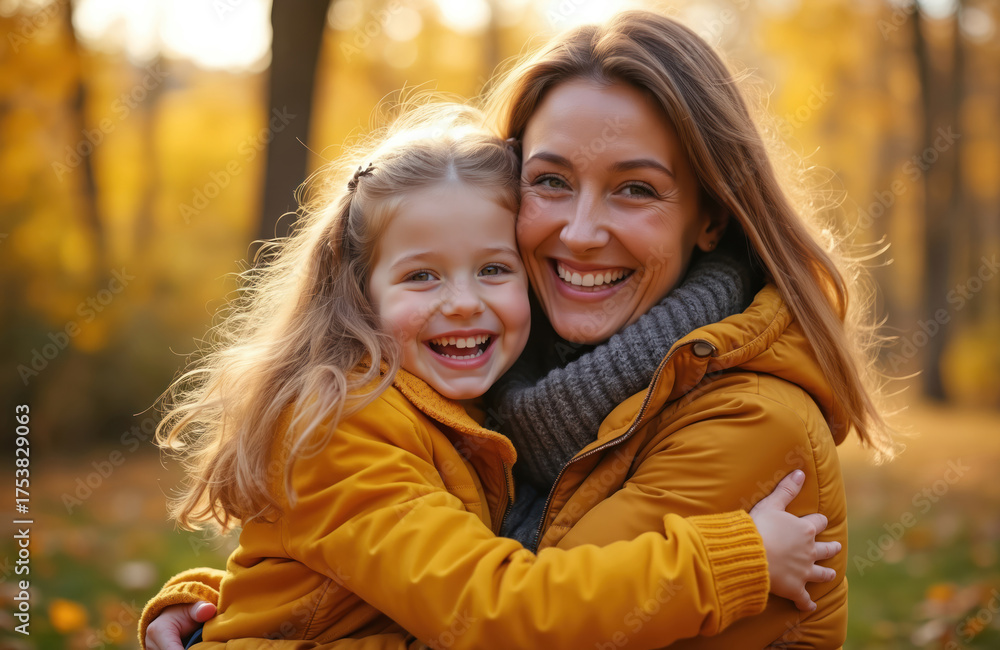Obraz premium Mom hugs daughter in fall park. Motherhood concept. Woman and kid embrace outdoors. Family enjoys walk, happy childhood. People smile in autumnal landscape. Parenthood moments share joy together.