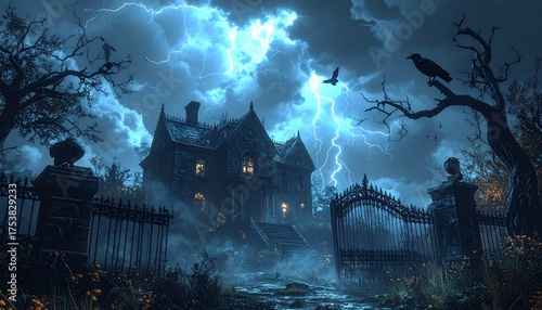 Gothic Halloween night with stormy skies, lightning behind a haunted mansion, crows perched on dead trees, and an open iron gate