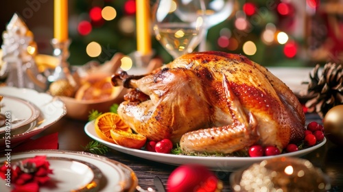 Christmas Dinner Turkey: The Iconic Centerpiece of Festive Holiday Meals – Showcasing Juicy, Herb-Roasted Perfection, Garnished with Cranberries, Rosemary, and Gravy, Ideal for Family Gatherings, Holi