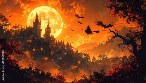 Vintage Halloween postcard style background, with witches flying on broomsticks over a creepy village, orange and black color palette