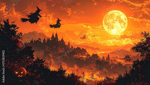 Vintage Halloween postcard style background, with witches flying on broomsticks over a creepy village, orange and black color palette