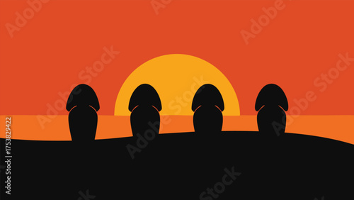 Vector art of moai statues of easter island silhouetted against a vibrant sunset, creating a striking and iconic landscape illustration