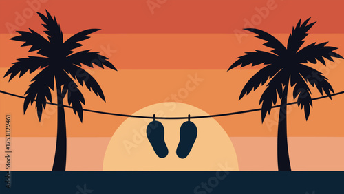 Vector art of a serene sunset scene featuring palm trees and sandals hanging on a rope, evoking a sense of relaxation and tropical getaway