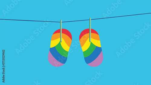 Vector art of rainbow flip flops hanging on a clothesline against a blue background, symbolizing pride and summer fun illustration