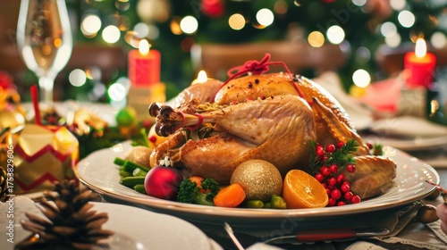 Christmas Dinner Turkey: The Iconic Centerpiece of Festive Holiday Meals – Showcasing Juicy, Herb-Roasted Perfection, Garnished with Cranberries, Rosemary, and Gravy, Ideal for Family Gatherings, Holi
