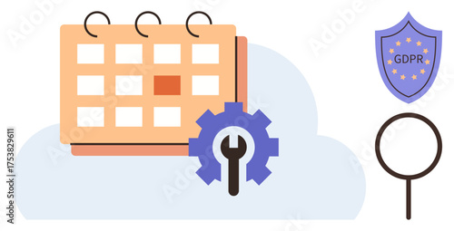 Calendar with gear indicating scheduling or configuration, GDPR shield highlighting data privacy compliance, and magnifying glass symbolizing analysis. Ideal for security, IT, compliance, planning