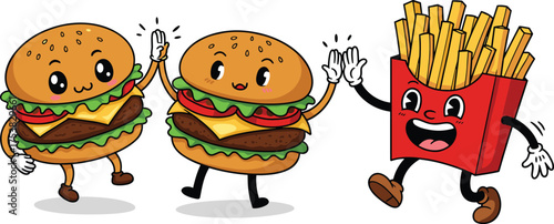 Cute burger and fries characters, funny fast food friends, happy cartoon meal illustration, adorable kawaii junk food vector art design