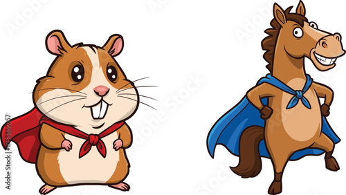 Cute cartoon hamster with red superhero cape, funny horse wearing blue superhero cape, adorable animal vector illustration for kids