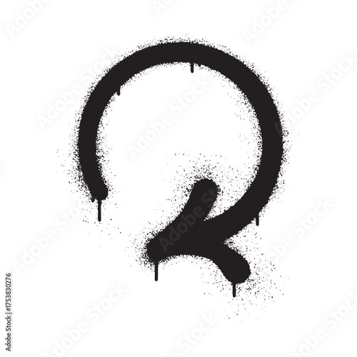 Black spray paint graffiti art of a capital letter Q with an arrow.