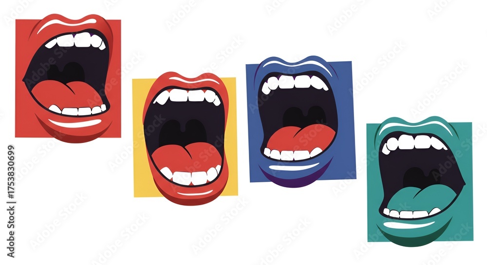 Obraz premium Four colorful mouths are open in an expressive, graphic style against a white background.