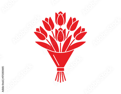 Red flower glyph icon. A bouquet for greetings. A romantic gift. Tulips in bloom. Blossoms thriving. Flower delivery service. Silhouette symbol on a white background. Vector illustration isolated.