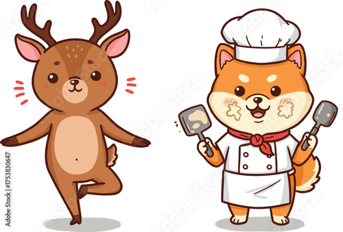 Cute cartoon reindeer doing yoga pose and adorable shiba inu dog chef cooking food with spatulas, funny animal vector illustration