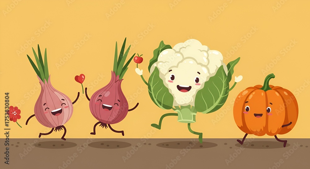 Naklejka premium Playful cartoon vegetables including onions, cauliflower, and pumpkin run happily together.