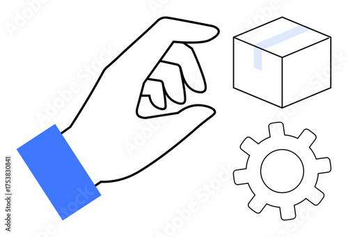 Hand reaching towards a gear and box symbolizing logistics, process management, teamwork, or operational systems. Ideal for delivery, maintenance, workflow, efficiency innovation technology. A
