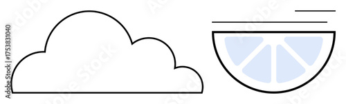 Minimalist cloud and half lemon slice with divided segments, showcasing nature, freshness, and renewal. Ideal for weather, food, eco-friendliness, health, freshness minimal design and digital