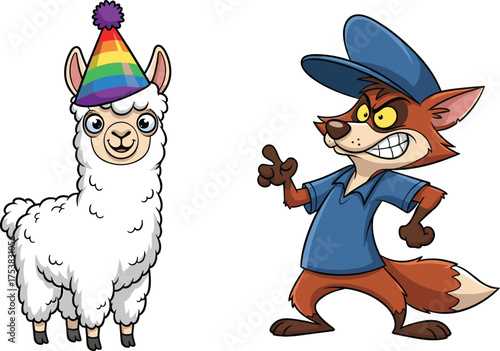 Cute Cartoon White Llama Wearing a Rainbow Birthday Party Hat Next to a Wily Fox Character in Blue Uniform and Cap, Funny Animal Characters, Isolated White Background.