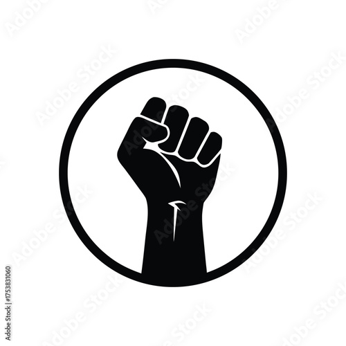 Powerful Raised Fist Icon in Black Circle Symbolizing Solidarity, Revolution, Power, Protest, and Unity