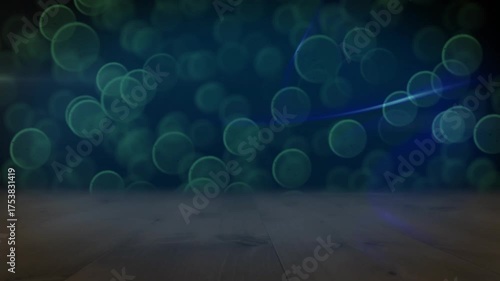 Faint blue line emerging from left, gliding across platform with green bokeh, showing fluid motion