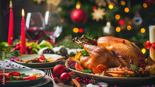Christmas Dinner Turkey: The Iconic Centerpiece of Festive Holiday Meals – Showcasing Juicy, Herb-Roasted Perfection, Garnished with Cranberries, Rosemary, and Gravy, Ideal for Family Gatherings, Holi